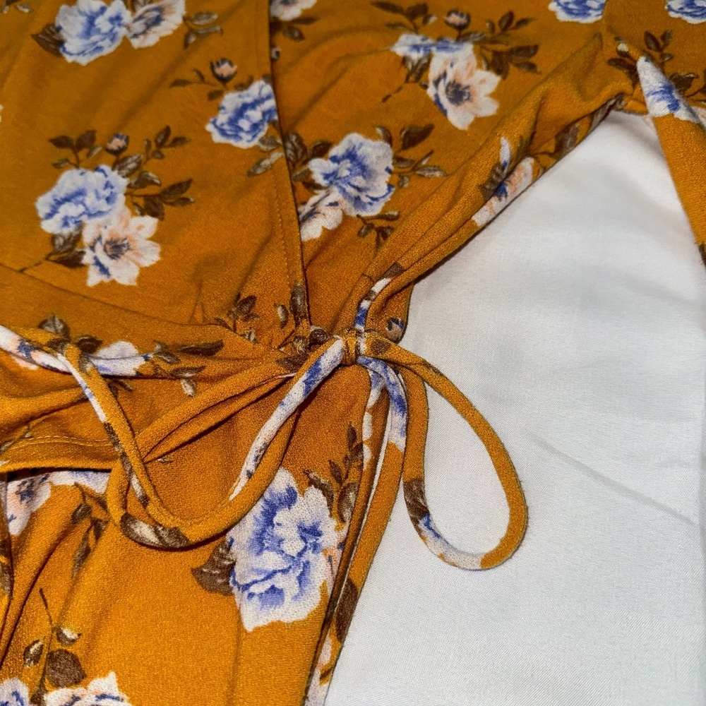 Altar’d State Mustard Yellow Floral Faux Wrap Midi Dress size small - Picture 4 of 8